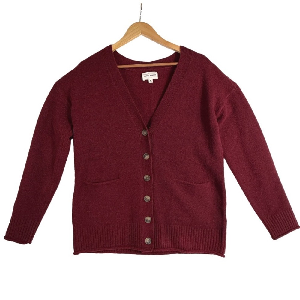 Lucky Brand Button Front V-Neck Cardigan Sweater Pockets Burgundy Maroon Size M